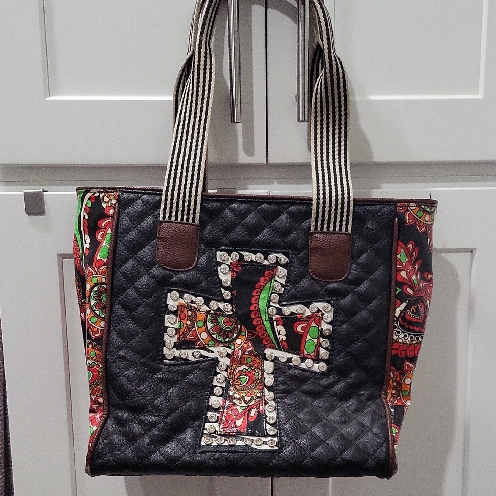 Black and Red Quilted Tote with Floral Accents